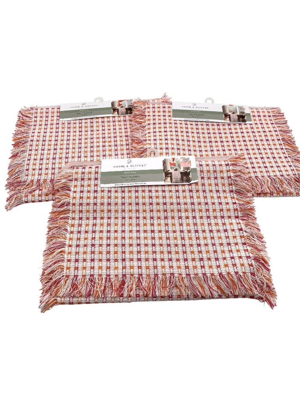 3 Room & Retreat Seasonal Table Runner 14" X 72" Pink Orange Plaid Cotton Fringe